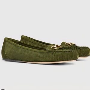 $1030 GUCCI Horsebit Dk Green GG Debossed Suede Ballet Flats EU 39.5 US 9.5 BNIB